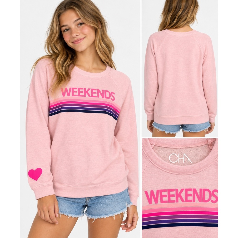 Chaser Girls Weekends Sweatshirt Rainbow Stripe Pink Raglan Pullover Size 14
